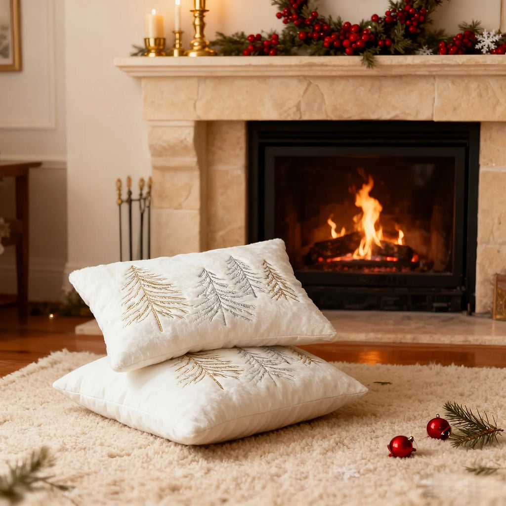 Gold Embroidered Christmas Tree Pillow Cover - Luxury Velvet Decorative Pillowcase - House Of Avana