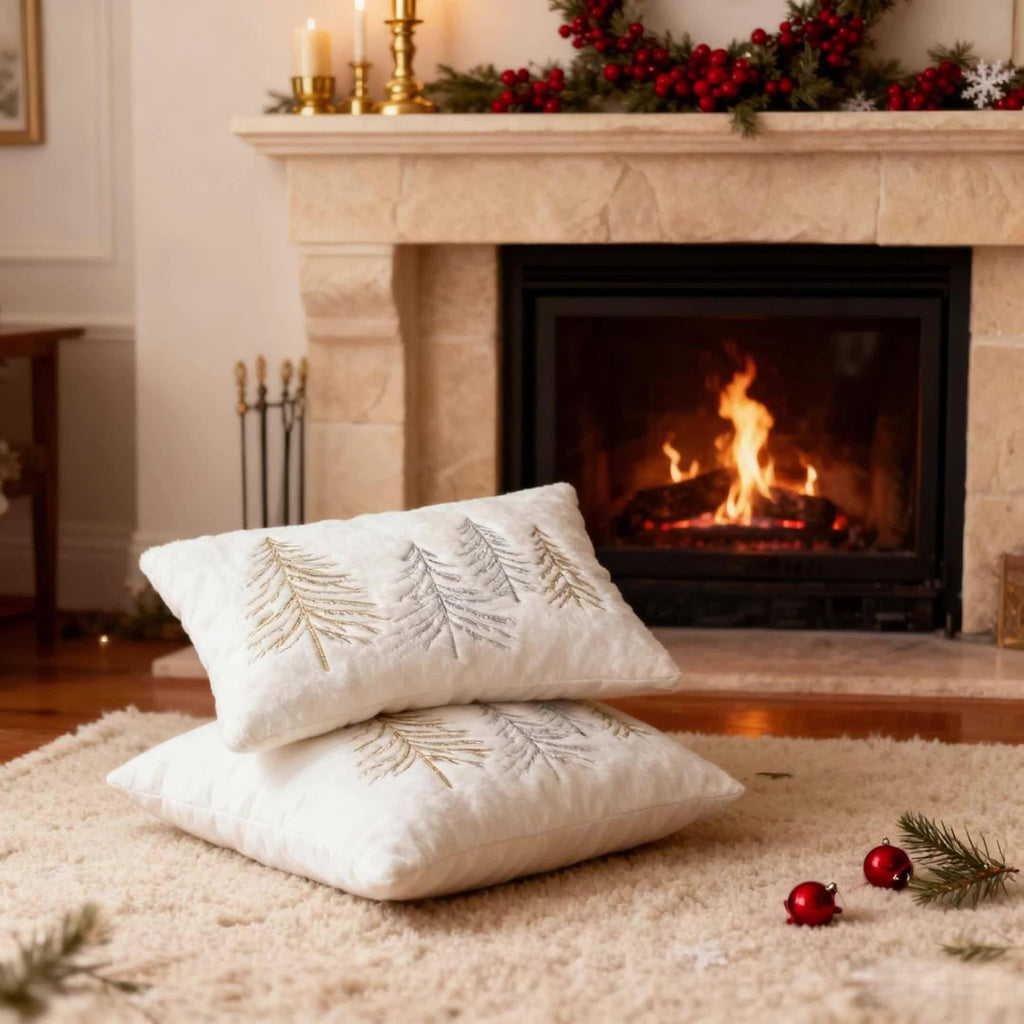 Gold Embroidered Christmas Tree Pillow Cover - Luxury Velvet Decorative Pillowcase - House Of Avana