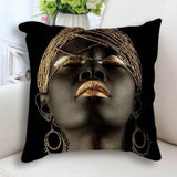 Abstract Black Gold Woman Face Print Cushion Cover - House Of Avana