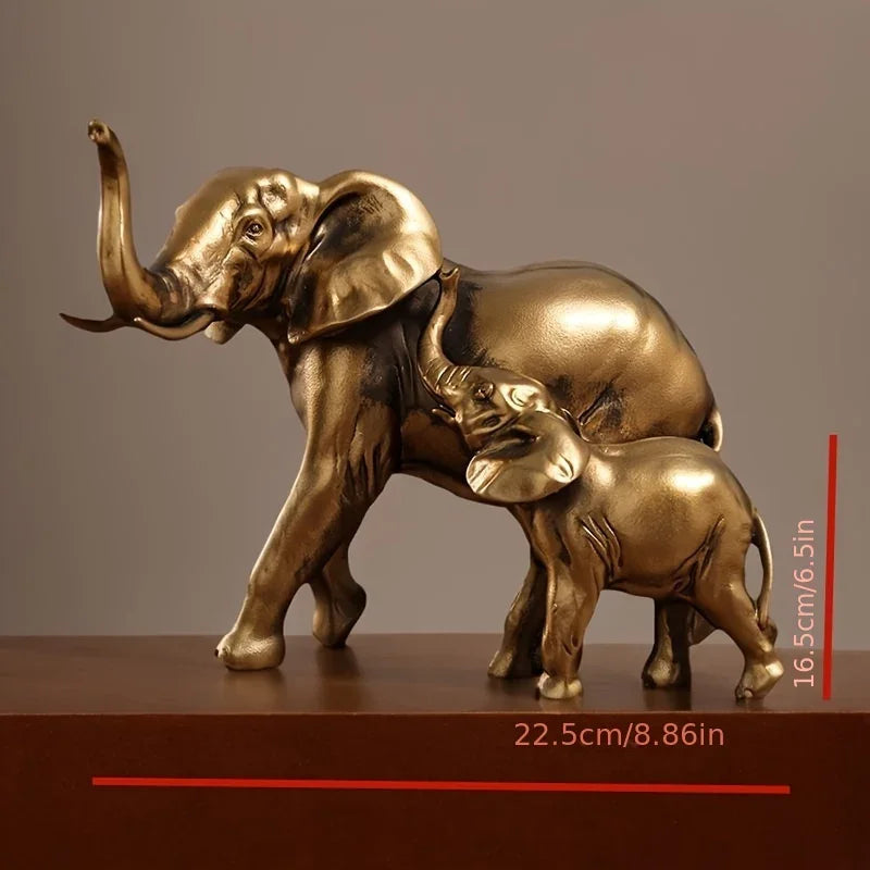 Golden elephant family figurine, 24K gold finish, intricate resin design - House of Avana