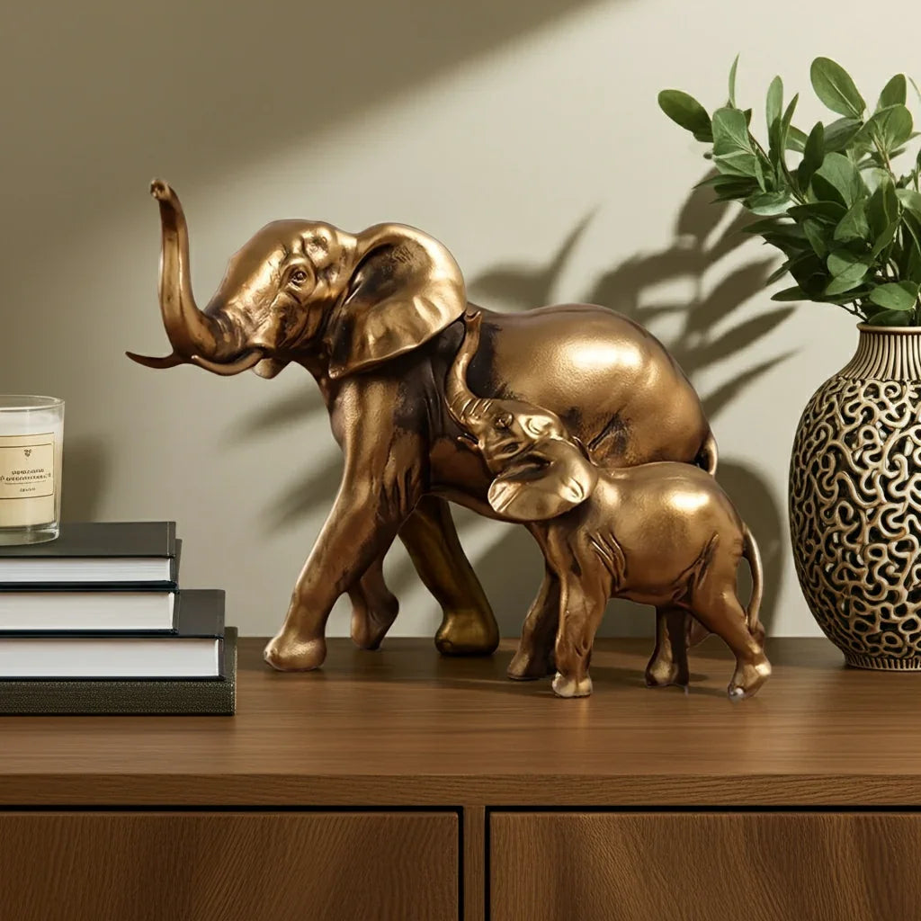 Golden Elephant Family Figurine, side view - House Of Avana