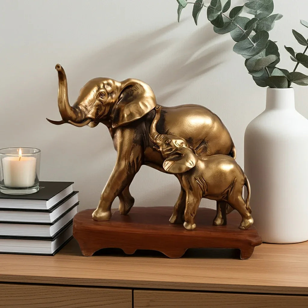 Golden Elephant Family Figurine, detail shot - House Of Avana