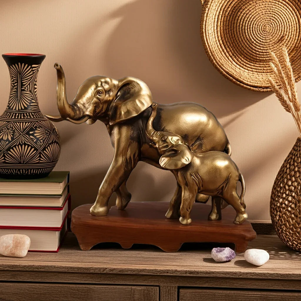 Golden Elephant Family Figurine, front view - House Of Avana