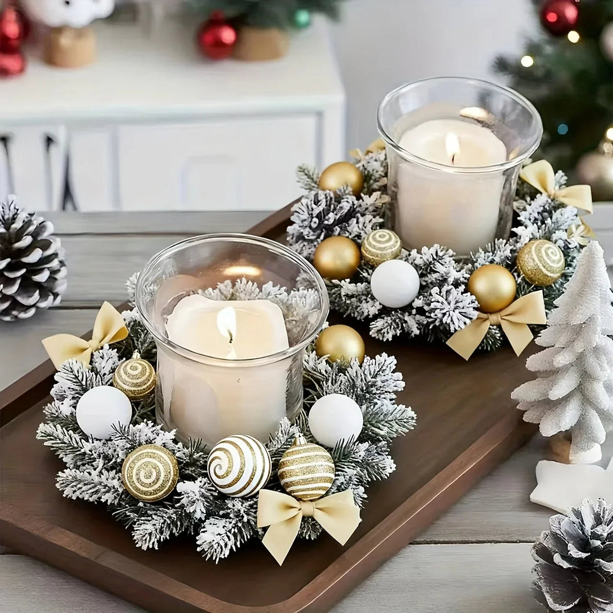 1pc Large Artificial Wreath Centerpiece with Pine Leaves & Golden Accents - Elegant Winter Holiday Decor for Dining Table, Fireplace, or Window - Handmade Plastic, Candle Holder & Wall Hanging Decoration, Christmas Decoration House Of Avana [[SKU:HOA-FLR-006]]