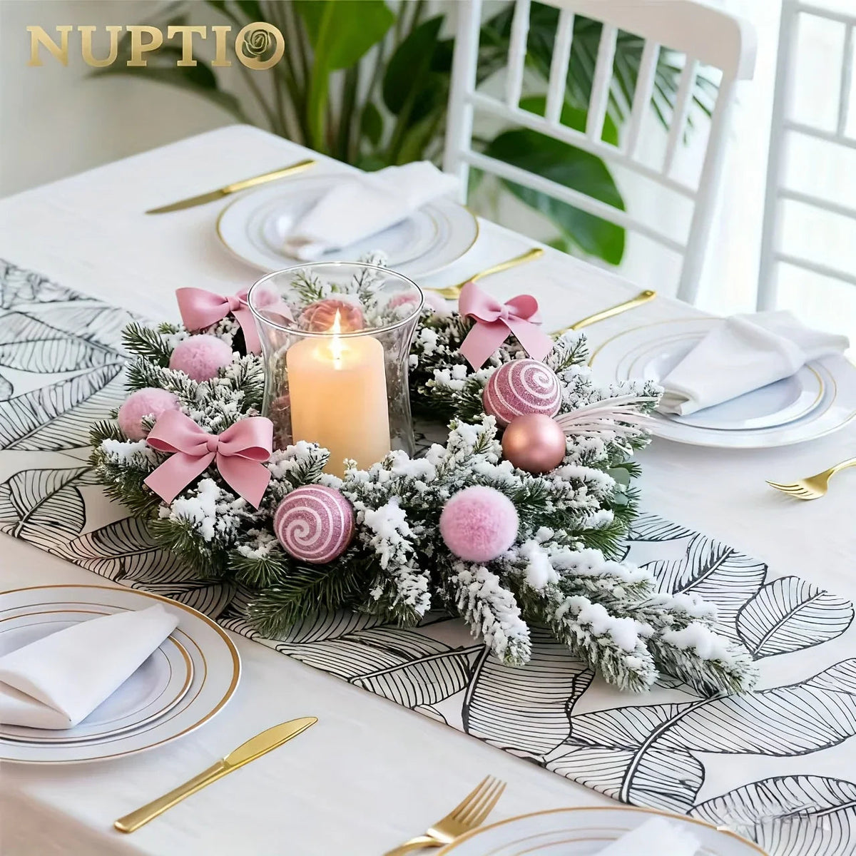 1pc Large Artificial Wreath Centerpiece with Pine Leaves & Golden Accents - Elegant Winter Holiday Decor for Dining Table, Fireplace, or Window - Handmade Plastic, Candle Holder & Wall Hanging Decoration, Christmas Decoration House Of Avana [[SKU:HOA-FLR-006]]
