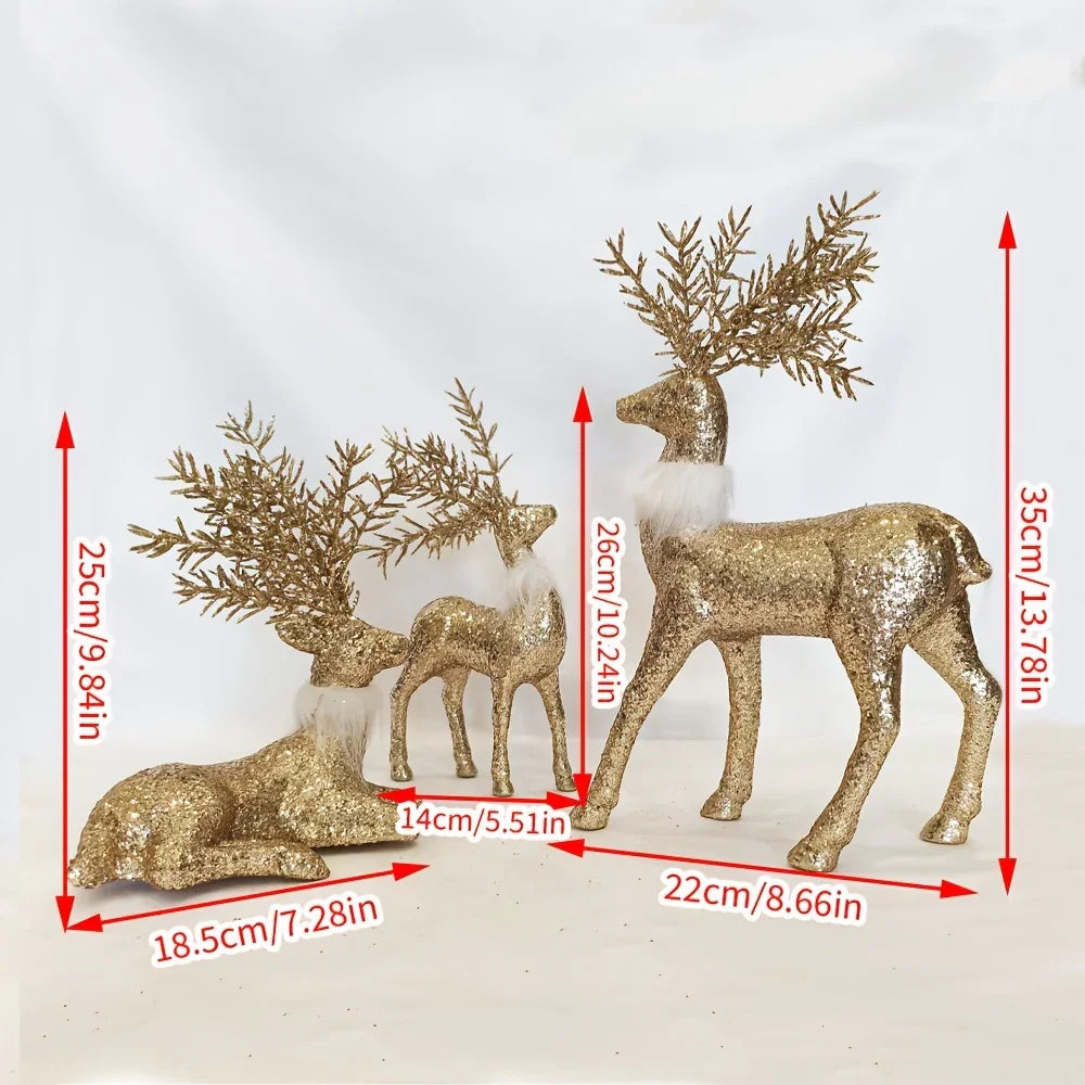 3pcs Golden Christmas Reindeer Statue Ornaments, Holiday Decor with Antler Shaped Branches for Tabletop Display - Perfect Gift Box Filler and Shelf or Mantelpiece Accent, Festive Decorations, Decorative Ornaments, Detailed Cr House Of Avana [[SKU:HOA-SCU-213]]