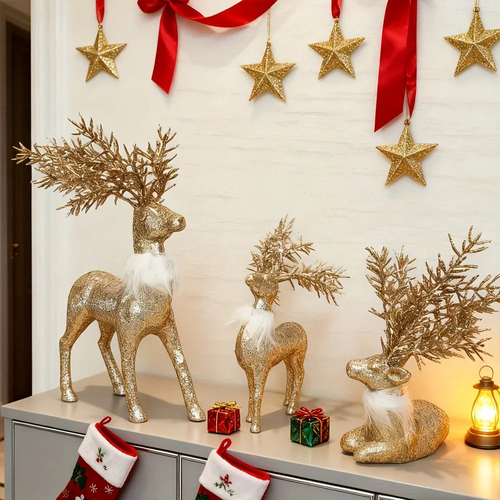 3pcs Golden Christmas Reindeer Statue Ornaments, Holiday Decor with Antler Shaped Branches for Tabletop Display - Perfect Gift Box Filler and Shelf or Mantelpiece Accent, Festive Decorations, Decorative Ornaments, Detailed Cr House Of Avana [[SKU:HOA-SCU-213]]