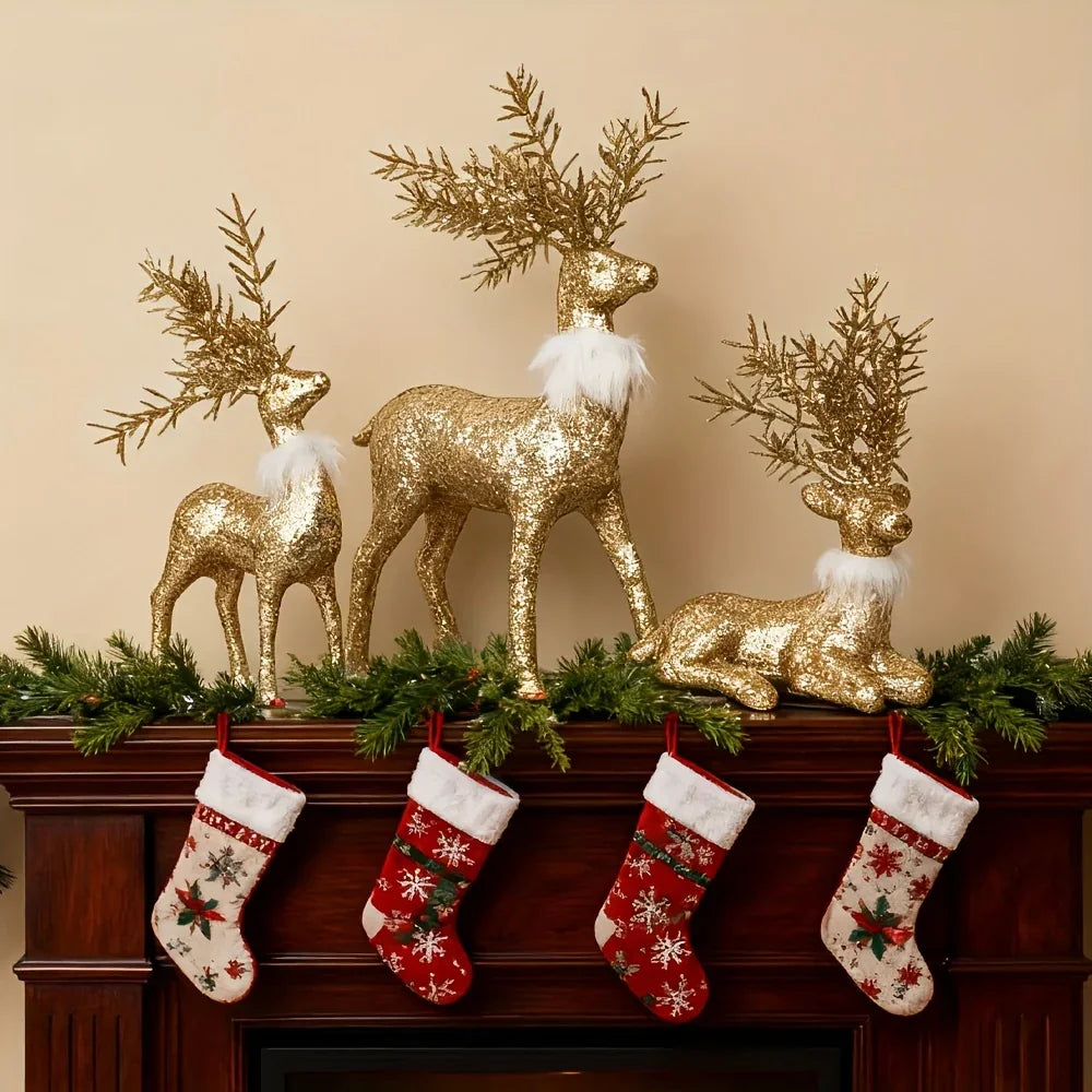 3pcs Golden Christmas Reindeer Statue Ornaments, Holiday Decor with Antler Shaped Branches for Tabletop Display - Perfect Gift Box Filler and Shelf or Mantelpiece Accent, Festive Decorations, Decorative Ornaments, Detailed Cr House Of Avana [[SKU:HOA-SCU-213]]