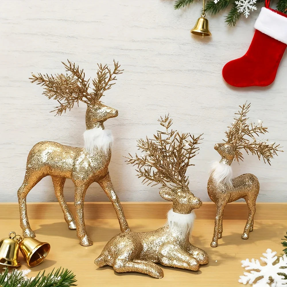 3pcs Golden Christmas Reindeer Statue Ornaments, Holiday Decor with Antler Shaped Branches for Tabletop Display - Perfect Gift Box Filler and Shelf or Mantelpiece Accent, Festive Decorations, Decorative Ornaments, Detailed Cr House Of Avana [[SKU:HOA-SCU-213]]