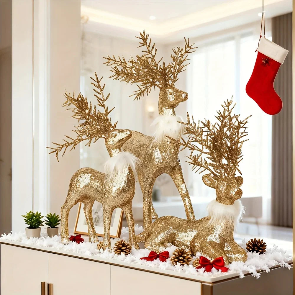 3pcs Golden Christmas Reindeer Statue Ornaments, Holiday Decor with Antler Shaped Branches for Tabletop Display - Perfect Gift Box Filler and Shelf or Mantelpiece Accent, Festive Decorations, Decorative Ornaments, Detailed Cr House Of Avana [[SKU:HOA-SCU-213]]
