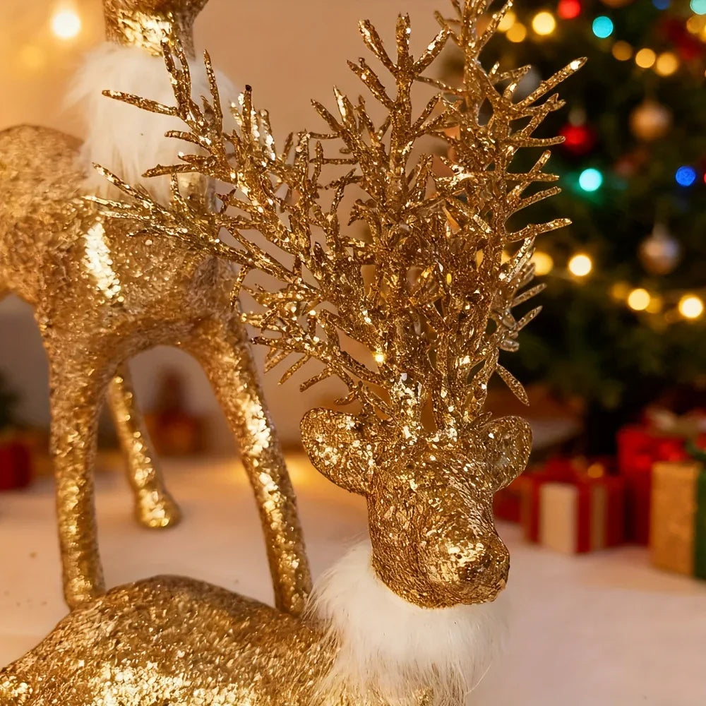 3pcs Golden Christmas Reindeer Statue Ornaments, Holiday Decor with Antler Shaped Branches for Tabletop Display - Perfect Gift Box Filler and Shelf or Mantelpiece Accent, Festive Decorations, Decorative Ornaments, Detailed Cr House Of Avana [[SKU:HOA-SCU-213]]
