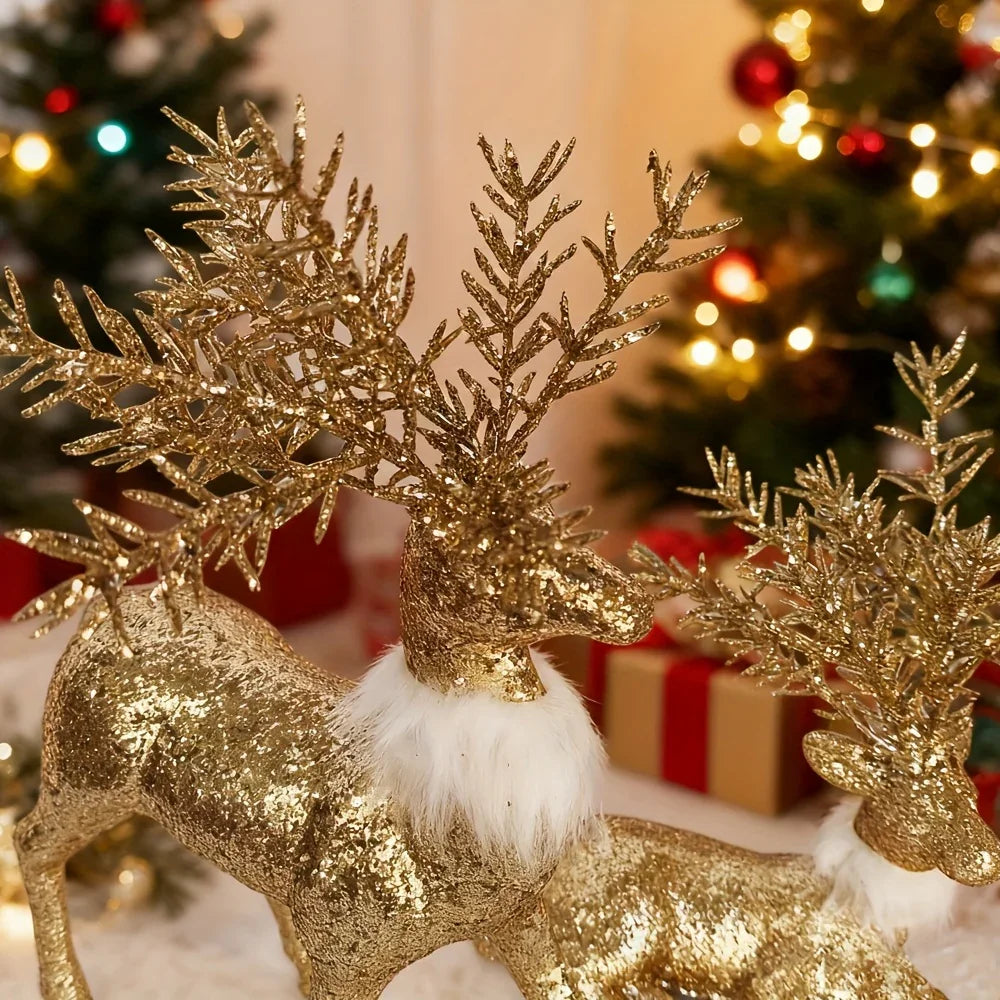 3pcs Golden Christmas Reindeer Statue Ornaments, Holiday Decor with Antler Shaped Branches for Tabletop Display - Perfect Gift Box Filler and Shelf or Mantelpiece Accent, Festive Decorations, Decorative Ornaments, Detailed Cr House Of Avana [[SKU:HOA-SCU-213]]