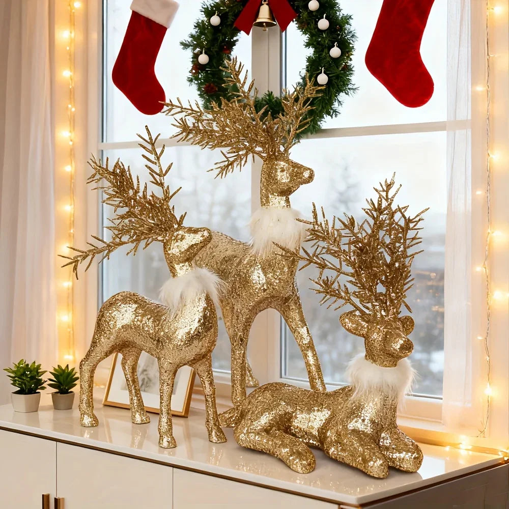 3pcs Golden Christmas Reindeer Statue Ornaments, Holiday Decor with Antler Shaped Branches for Tabletop Display - Perfect Gift Box Filler and Shelf or Mantelpiece Accent, Festive Decorations, Decorative Ornaments, Detailed Cr House Of Avana [[SKU:HOA-SCU-213]]
