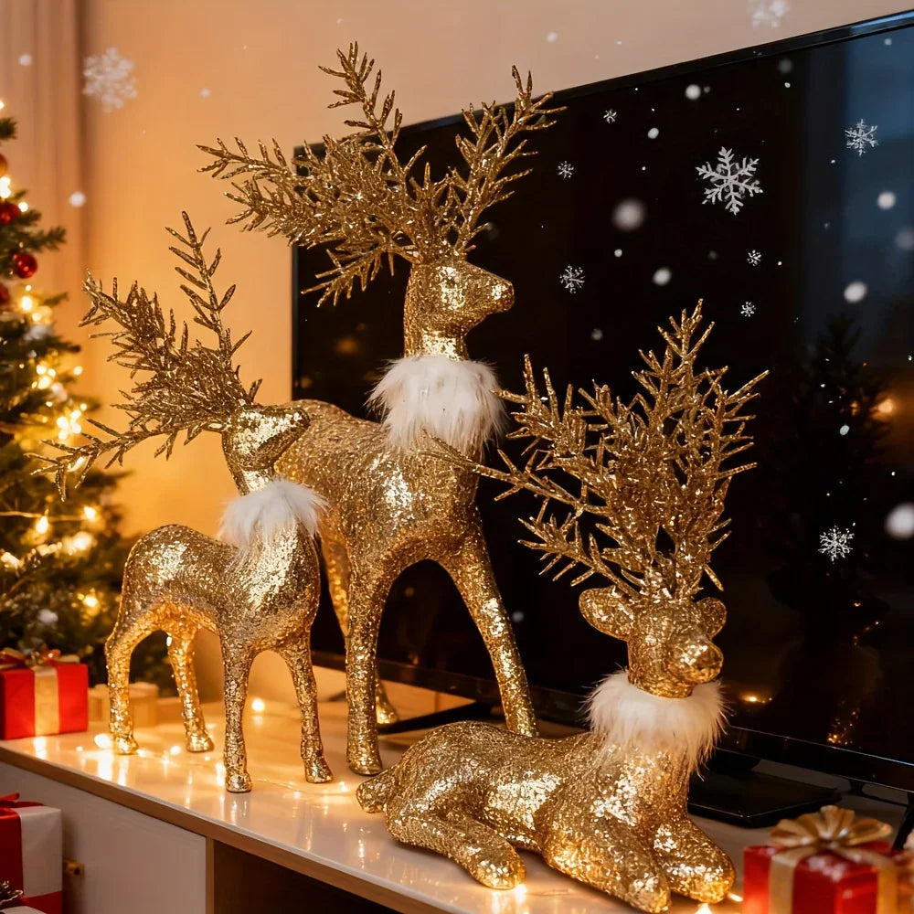 3pcs Golden Christmas Reindeer Statue Ornaments, Holiday Decor with Antler Shaped Branches for Tabletop Display - Perfect Gift Box Filler and Shelf or Mantelpiece Accent, Festive Decorations, Decorative Ornaments, Detailed Cr House Of Avana [[SKU:HOA-SCU-213]]