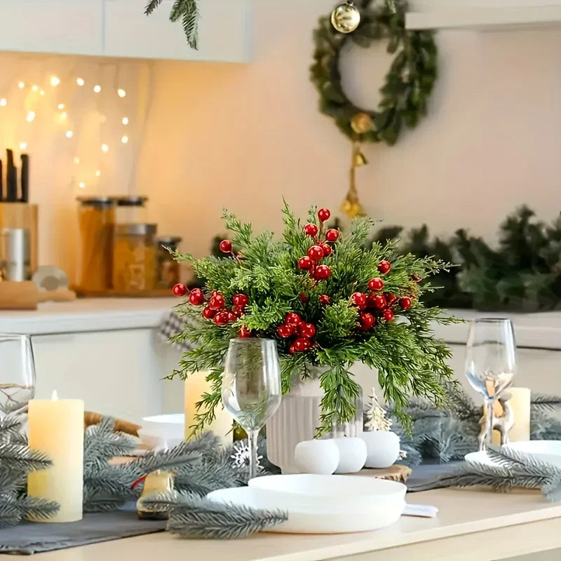 20pcs Realistic Artificial Pine Branches with Red Berries - Green Plastic Christmas Sprigs for DIY Wreaths, Garlands, Table Centerpieces, Winter & Holiday Decor (Vase Not Included) - Fake Pine Needles for Home Decoration, Chr House Of Avana [[SKU:HOA-FLR-028]]