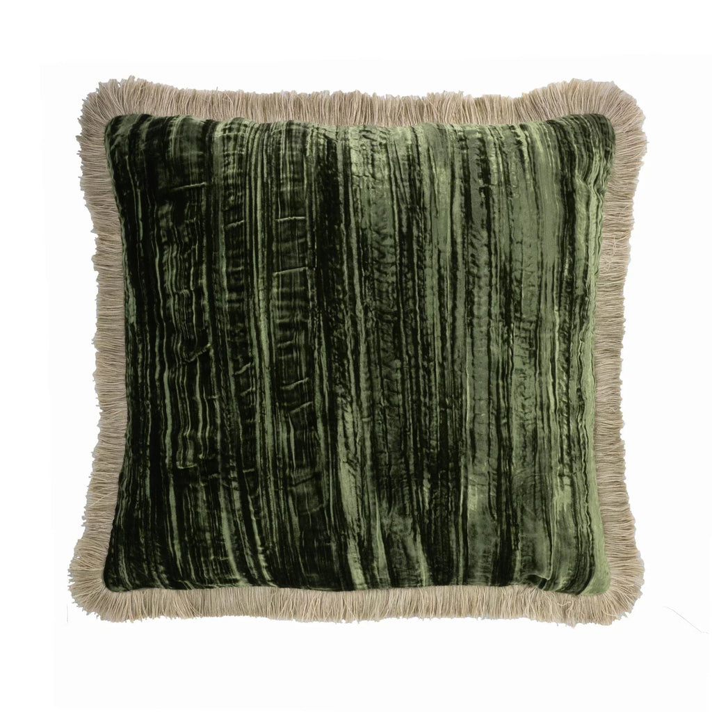 Green Silk Velvet Throw Pillow, Beige Fringes 20" X 20", back view - House Of Avana