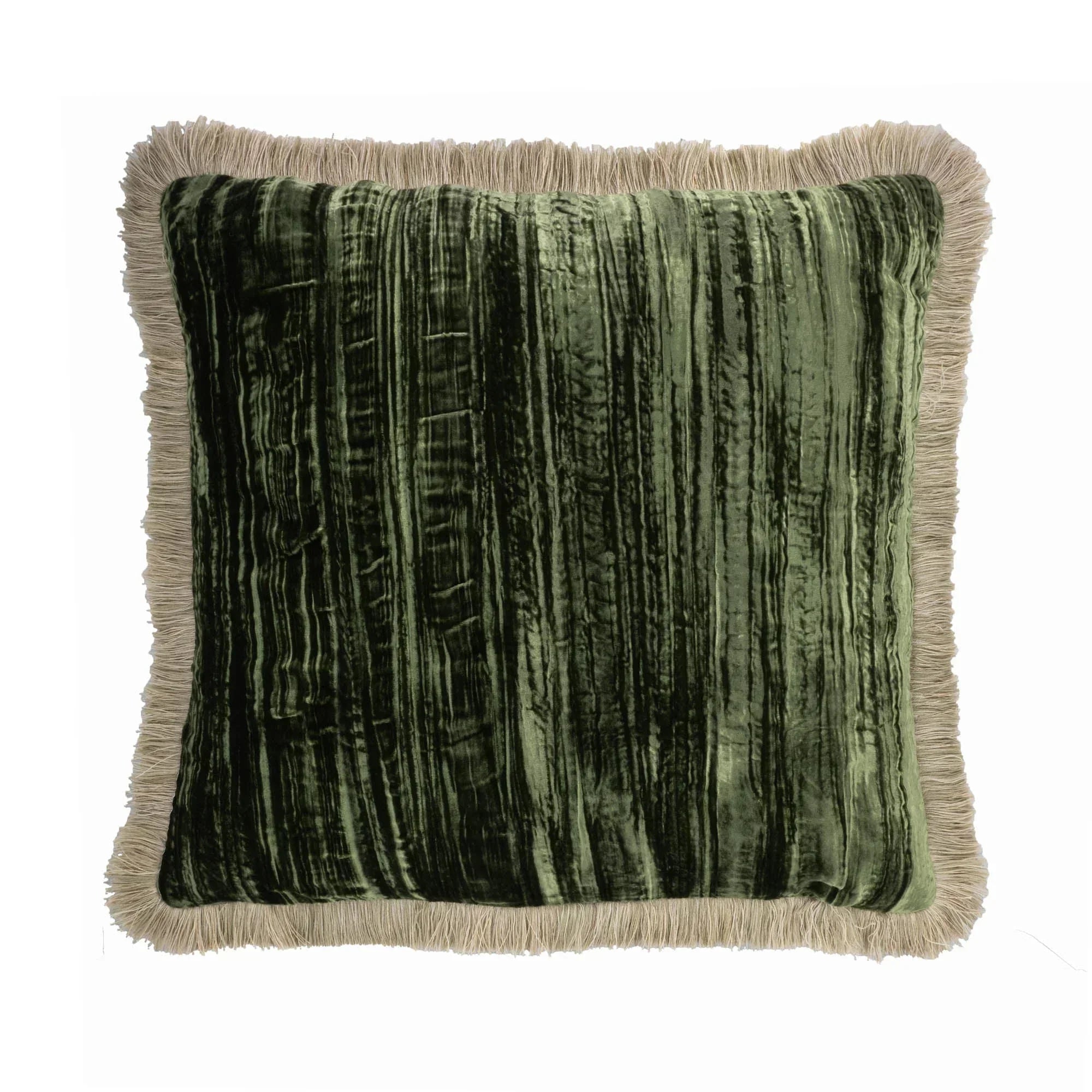 Green Silk Velvet Throw Pillow, Beige Fringes 20" X 20", back view - House Of Avana