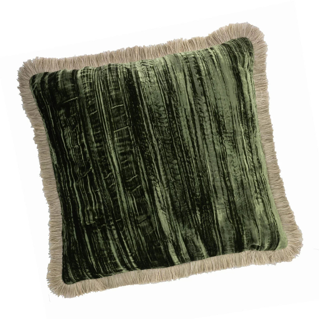 Green Silk Velvet Throw Pillow, Beige Fringes 20" X 20", side view - House Of Avana