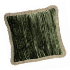 Green Silk Velvet Throw Pillow, Beige Fringes 20" X 20", side view - House Of Avana