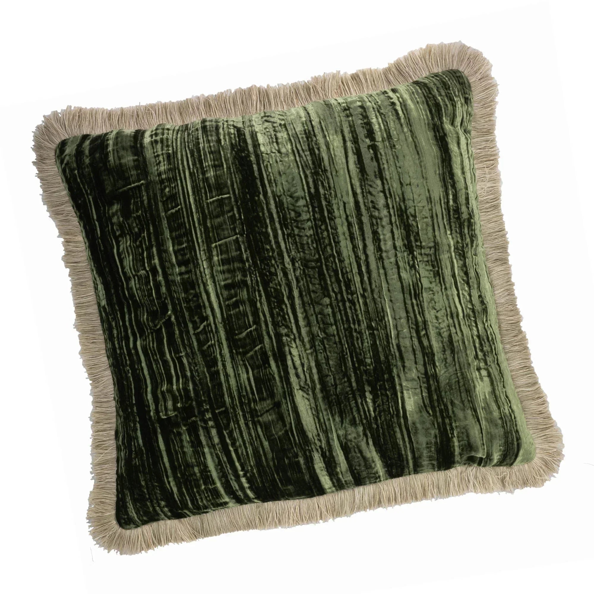 Green Silk Velvet Throw Pillow, Beige Fringes 20" X 20", side view - House Of Avana