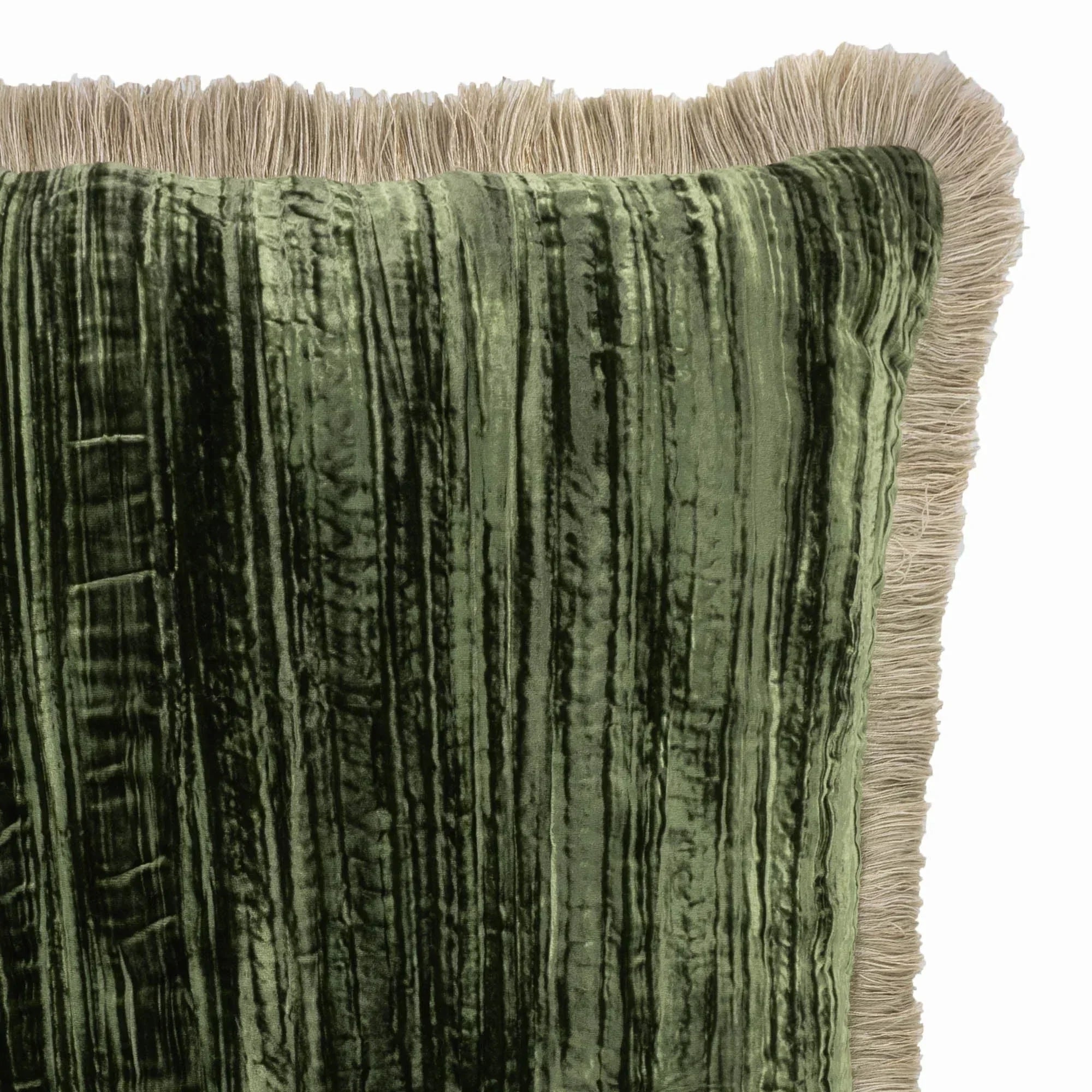 Green Silk Velvet Throw Pillow, Beige Fringes 20" X 20", detail shot - House Of Avana