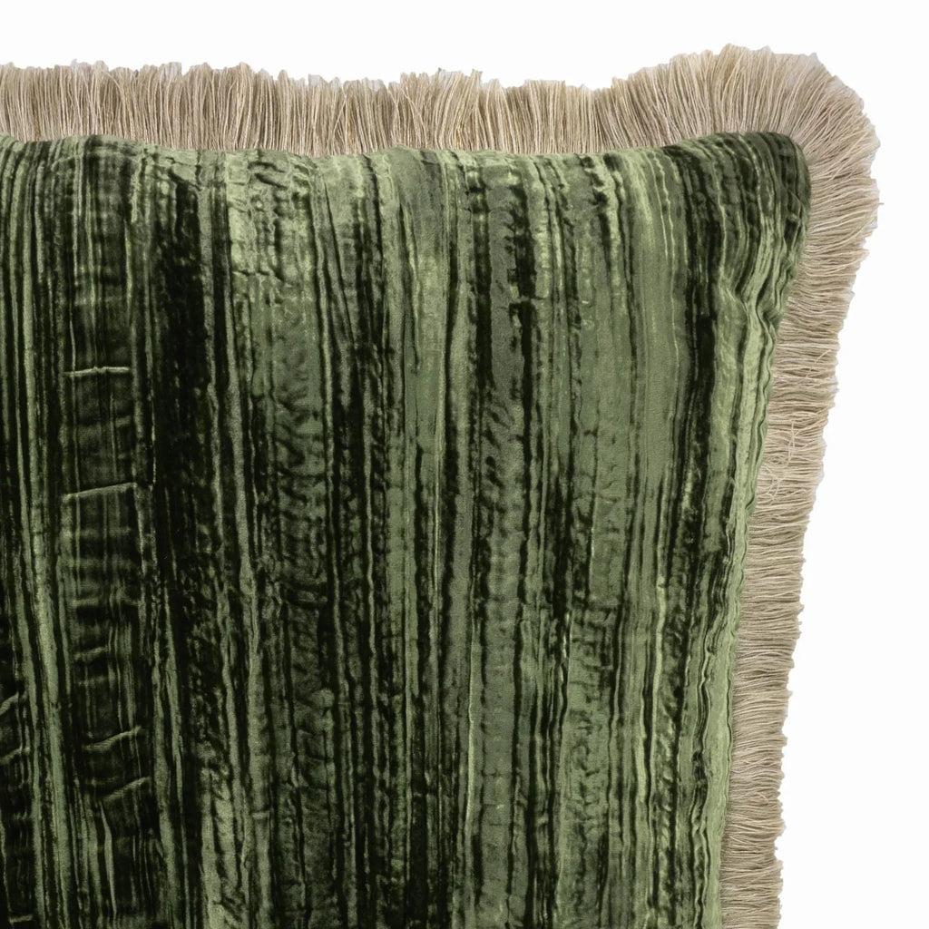 Green Silk Velvet Throw Pillow, Beige Fringes 20" X 20", lifestyle image - House Of Avana