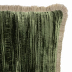 Green Silk Velvet Throw Pillow, Beige Fringes 20" X 20", lifestyle image - House Of Avana