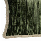 Green Silk Velvet Throw Pillow, Beige Fringes 20" X 20", angled view - House Of Avana