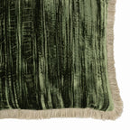 Green Silk Velvet Throw Pillow, Beige Fringes 20" X 20", angled view - House Of Avana