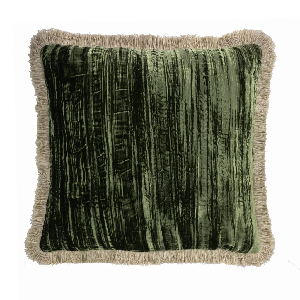Green Silk Velvet Throw Pillow, Beige Fringes 20" X 20", front view - House Of Avana