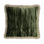 Green Silk Velvet Throw Pillow, Beige Fringes 20" X 20", front view - House Of Avana
