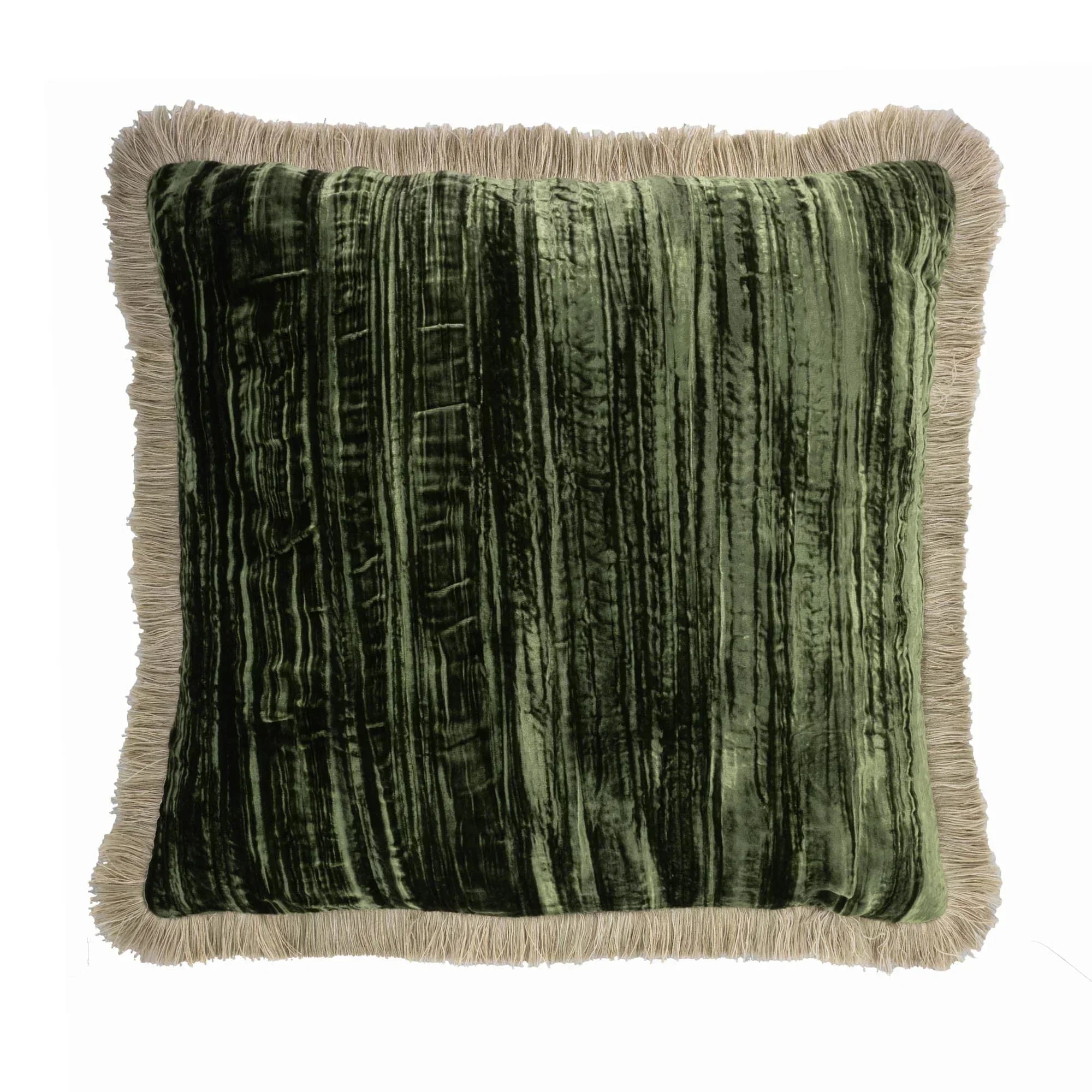 Green Silk Velvet Throw Pillow, Beige Fringes 20" X 20", front view - House Of Avana