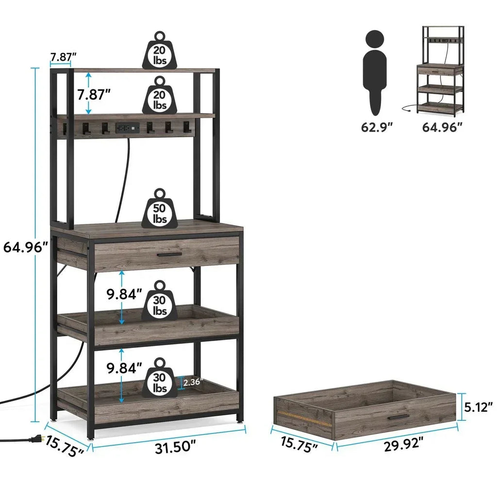 Grey Modern Baker's Rack Kitchen Shelving Unit with Pull-Out Shelves and Drawer