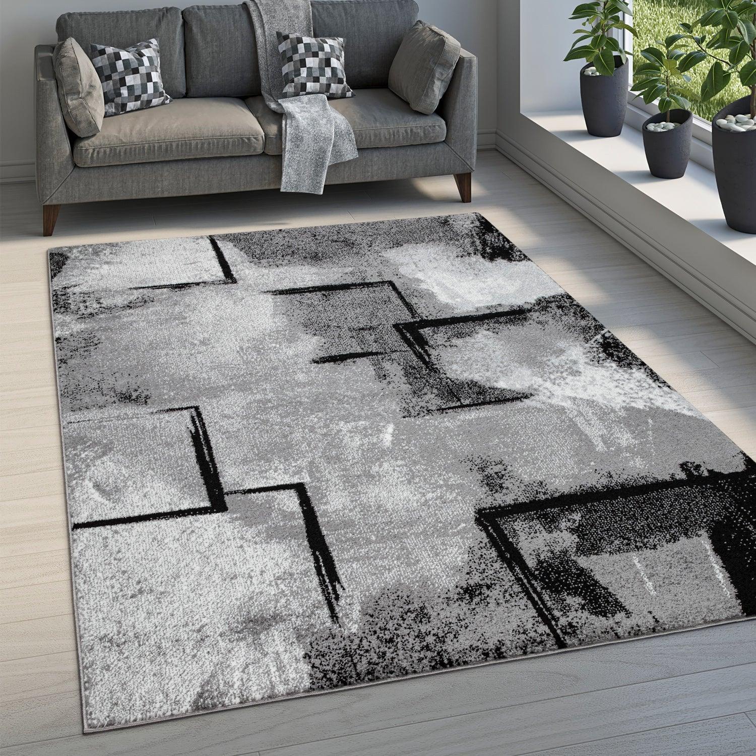 Grey White Area Rug Modern Design with Abstract Paint Effect, front view - House Of Avana