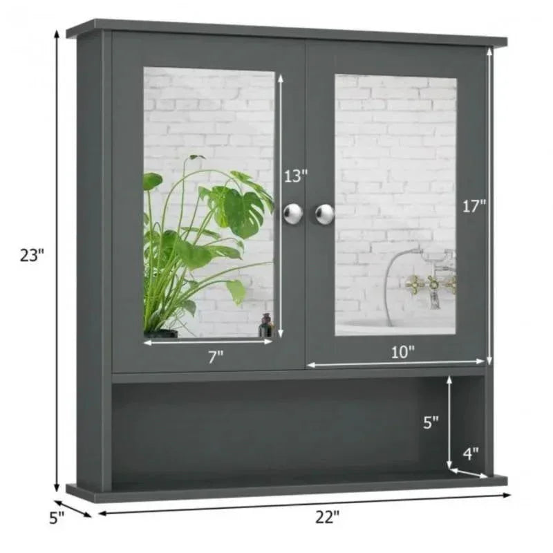 Grey Wood Bathroom Wall / Medicine Cabinet with Mirrored Doors and Shelf