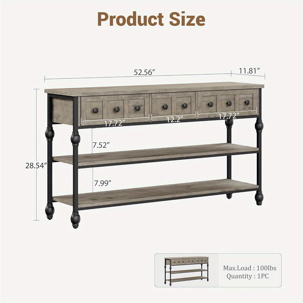 [Grey Wood Console Table] Grey 52'' Wood Accent Entryway Table Console Table with 3 Drawers and Storage Shelves for Living Room, Couch, Hallway, Foyer, Kitchen Counter House Of Avana