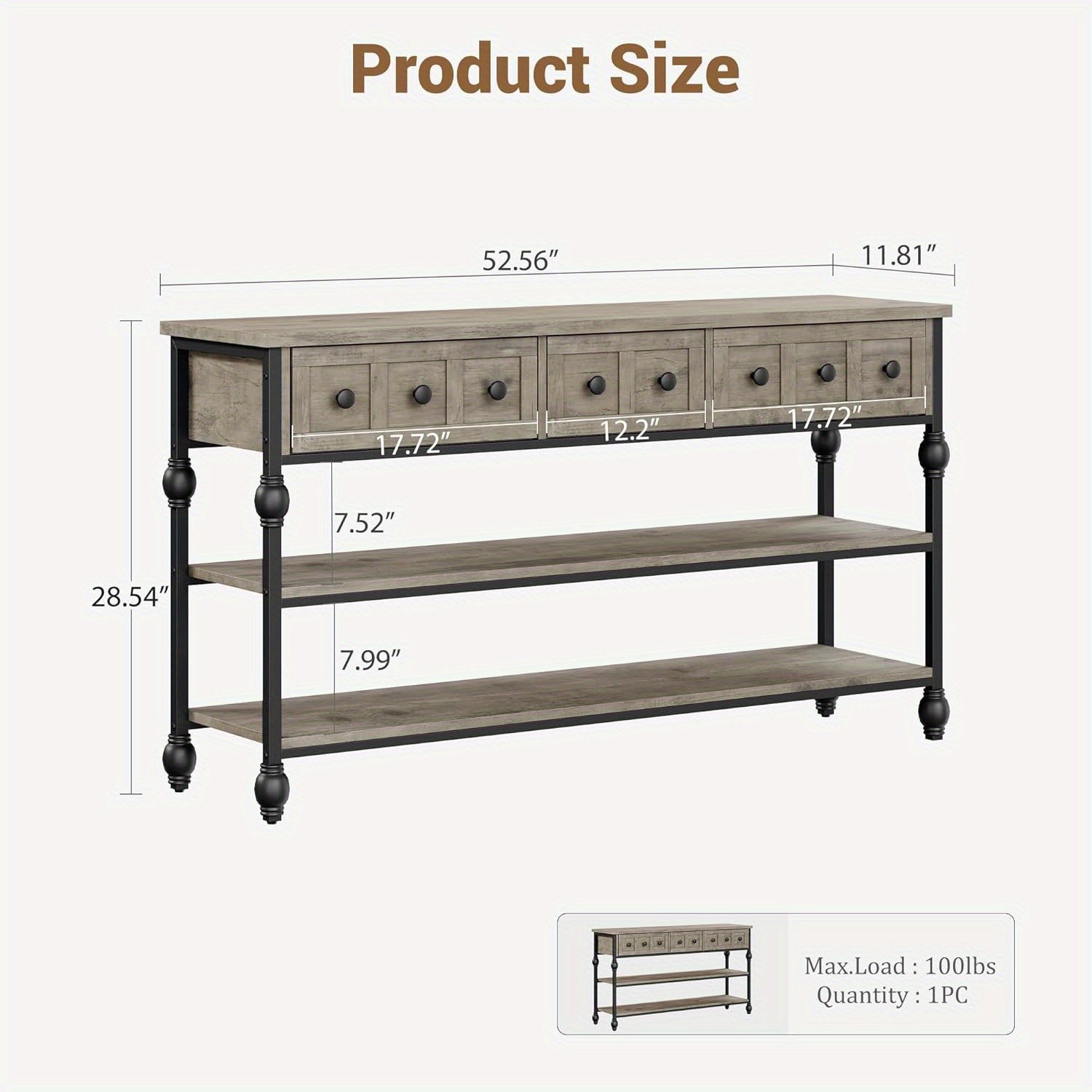 [Grey Wood Console Table] Grey 52'' Wood Accent Entryway Table Console Table with 3 Drawers and Storage Shelves for Living Room, Couch, Hallway, Foyer, Kitchen Counter House Of Avana