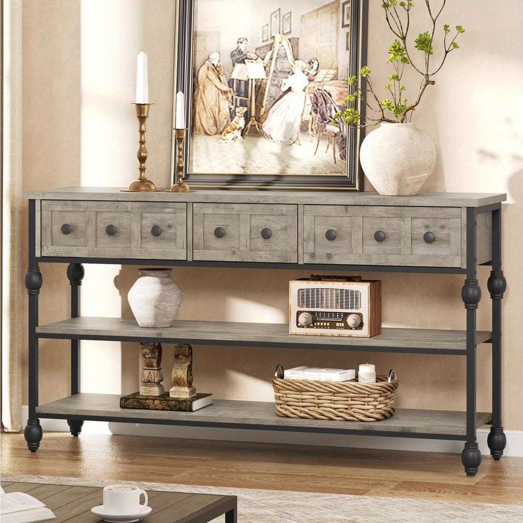 [Grey Wood Console Table] Grey 52'' Wood Accent Entryway Table Console Table with 3 Drawers and Storage Shelves for Living Room, Couch, Hallway, Foyer, Kitchen Counter House Of Avana
