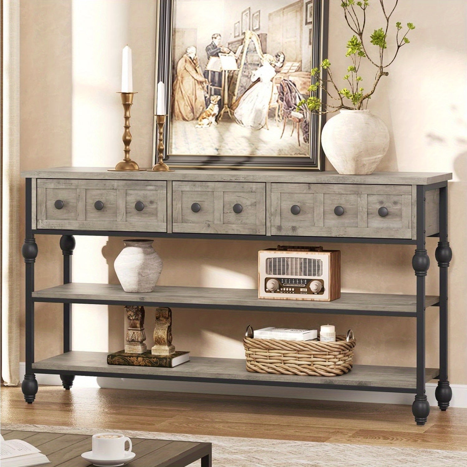 [Grey Wood Console Table] Grey 52'' Wood Accent Entryway Table Console Table with 3 Drawers and Storage Shelves for Living Room, Couch, Hallway, Foyer, Kitchen Counter House Of Avana