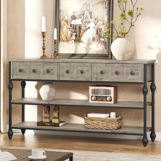 [Grey Wood Console Table] Grey 52'' Wood Accent Entryway Table Console Table with 3 Drawers and Storage Shelves for Living Room, Couch, Hallway, Foyer, Kitchen Counter House Of Avana