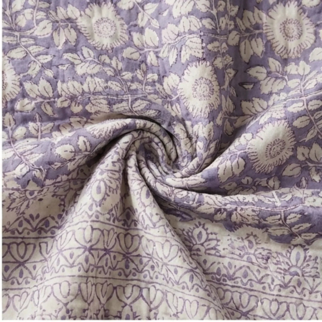 Cream & Sage Grey Jaipur Indian hand block print floral quilted comforter | Indian handicraft Jaipur hand block print cotton muslin comforter | floral quilted bedspread Sanganer | block print Queen King bedding India | House of Avana