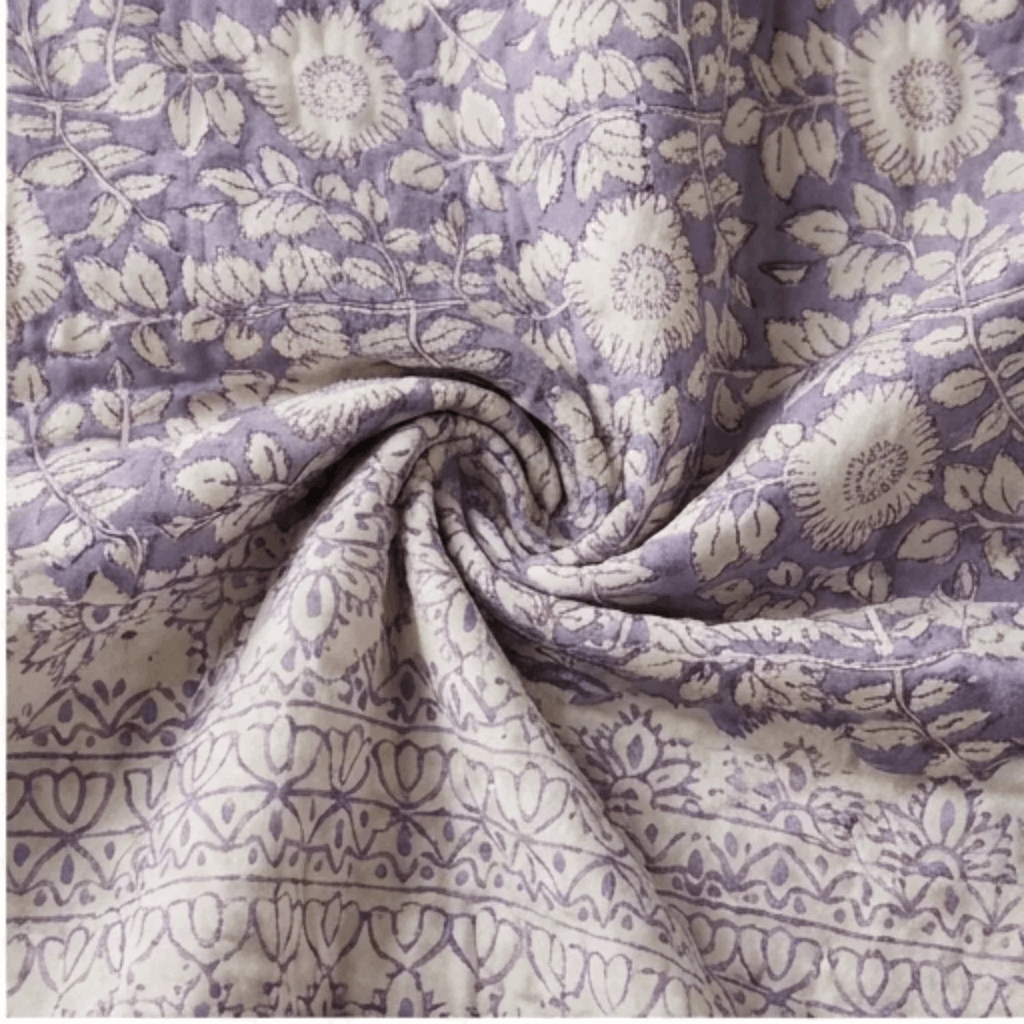 Cream & Sage Grey Jaipur Indian hand block print floral quilted comforter | Indian handicraft Jaipur hand block print cotton muslin comforter | floral quilted bedspread Sanganer | block print Queen King bedding India | House of Avana [[SKU:HOA-COM-CRSG-021]]