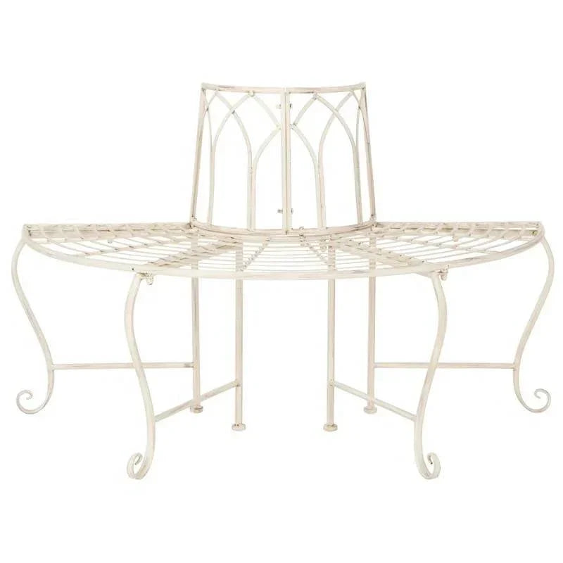 Half-Circle Outdoor Patio Garden Antique White Wrought Iron Tree Bench