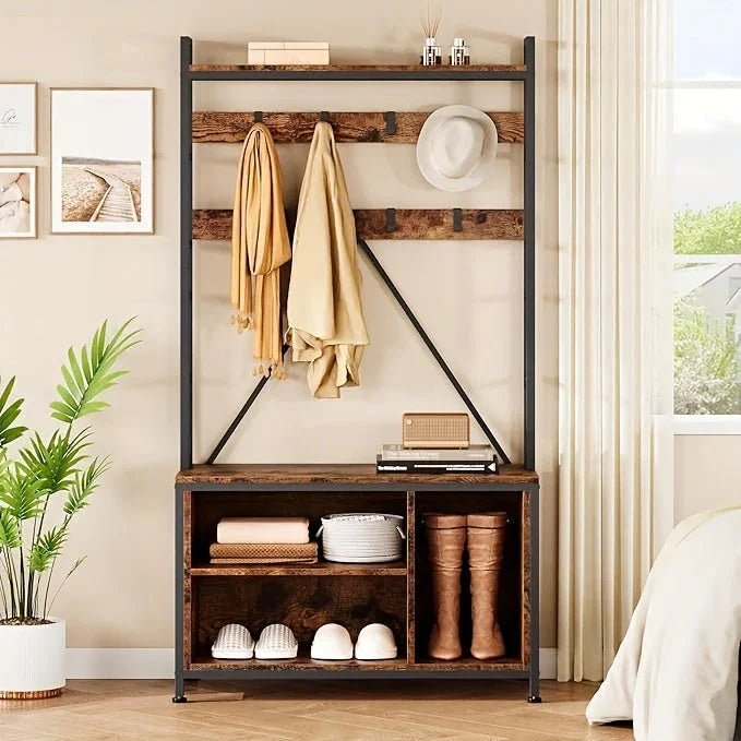 Heavy-Duty Hall Tree with Bench - 5-in-1 Entryway Organizer with Shoe Storage, Coat Rack, Bench - Freestanding Shoe Rack with 8 Hooks & 3 Cubbies, Space-Saving Design for Hallway, Living Room, Apartment - Sturdy Wooden & Meta House Of Avana [[SKU:HOA-STO-406]]