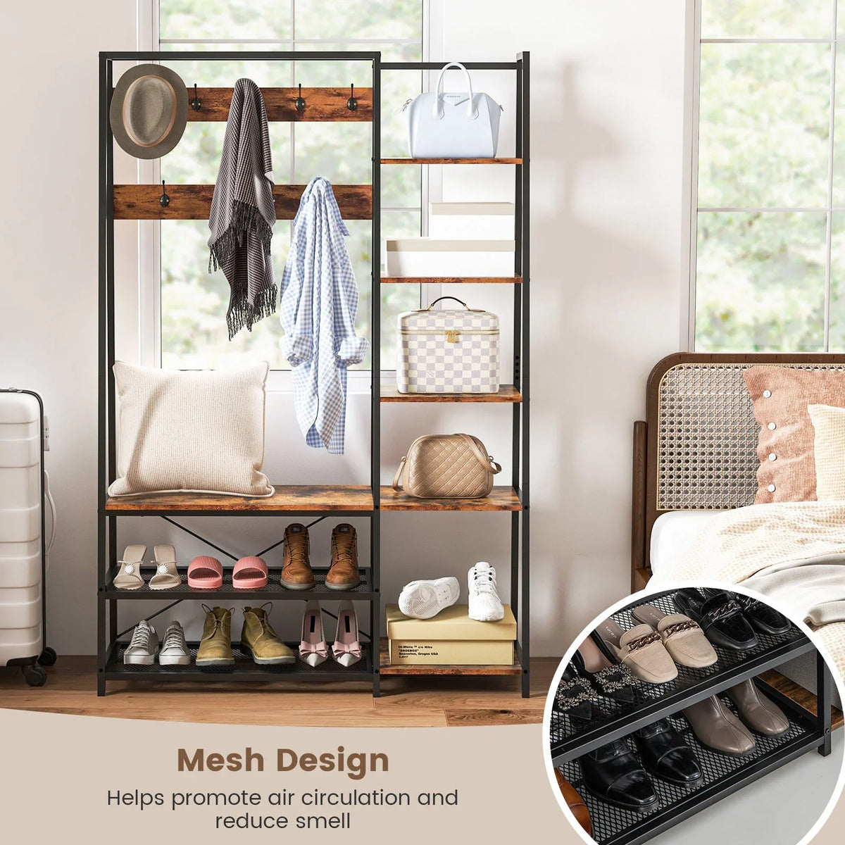 Goflame Hall Tree with Bench & Shoe Storage - House Of Avana