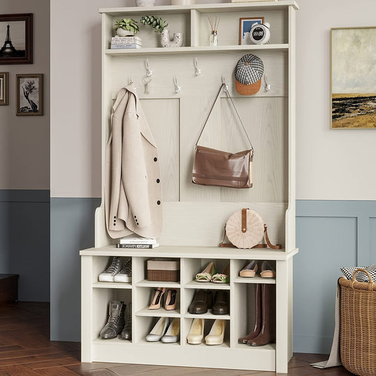 4-in-1 White Entryway Hall Tree with Bench & Storage - House of Avana