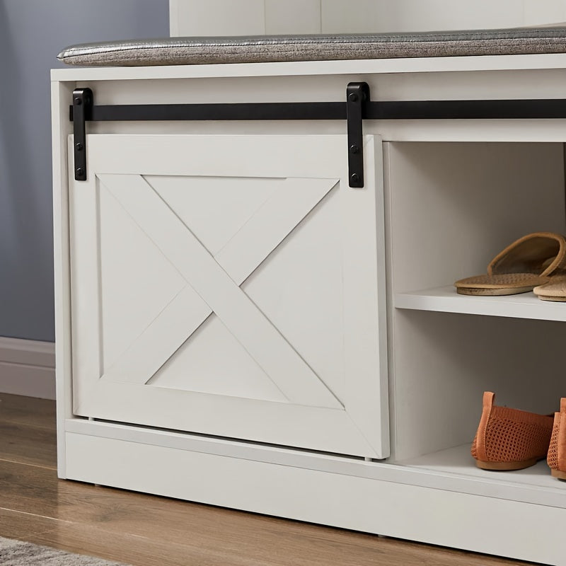 71'' Farmhouse Hall Tree, Entryway Storage Bench with Sliding Barn Door and Coat Rack, Wood Coat Tree Christmas, Halloween Gift House Of Avana