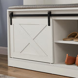 71'' Farmhouse Hall Tree, Entryway Storage Bench with Sliding Barn Door and Coat Rack, Wood Coat Tree Christmas, Halloween Gift House Of Avana