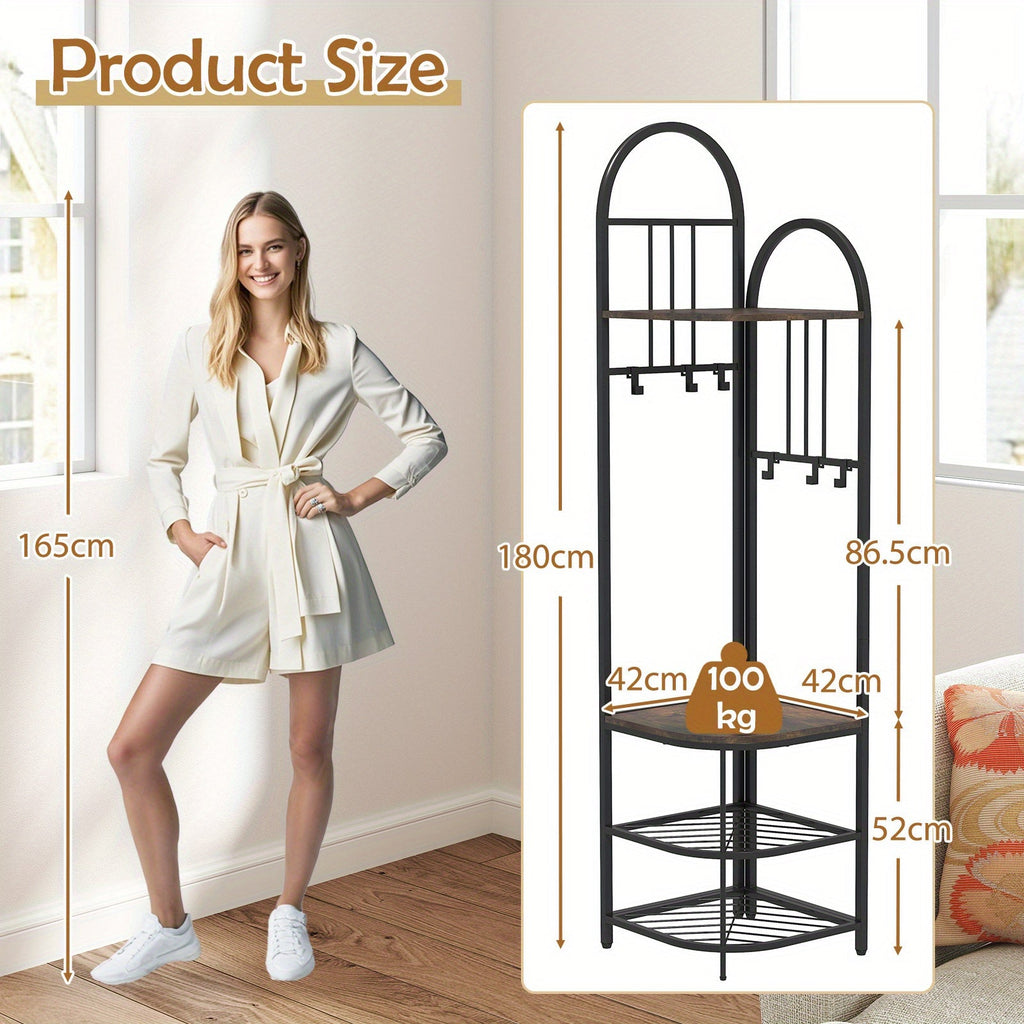 ERGOMASTER 4-in-1 Entryway Organizer: 180cm Tall Corner Coat Rack with Shoe Bench, 2-Tier Mesh Shoe Storage & 6 Removable Hooks - Space-Saving Hall Tree for Home or Retail Stores, Rustic Brown (Engineered Wood & Metal), Powde House Of Avana