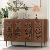 Wooden sideboard with decorative carvings in a living room setting